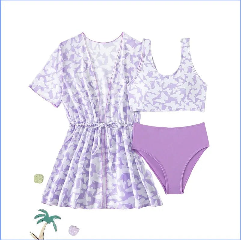 Girls' three-piece polyester swimsuit set in printed design for ages 8-12