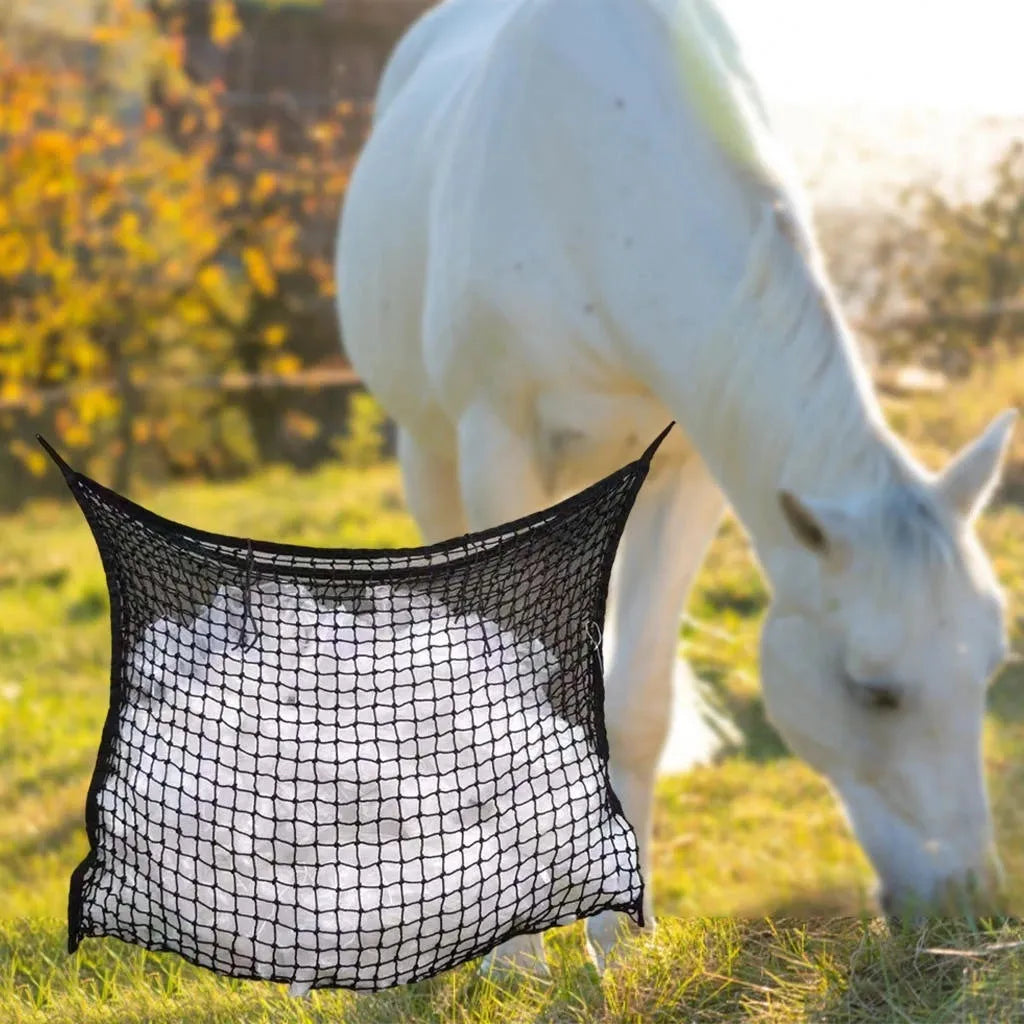 Woven PE rope grid pattern hanging feeding bag for livestock in multiple sizes