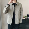 Men's Korean style single-layer lightweight jacket in blue grey, showing long sleeves and stitching detail.