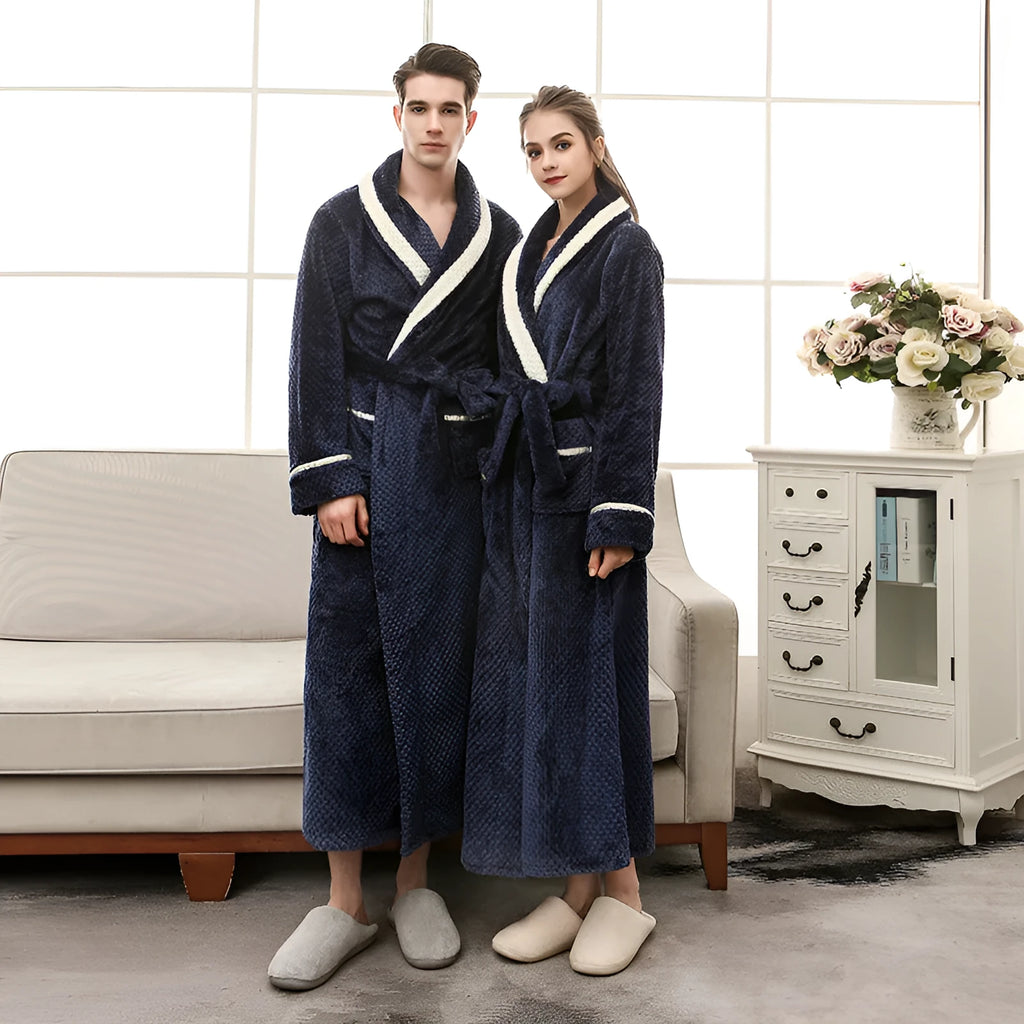Thick winter couple bathrobe solid colour long sleeve unisex home comfort robe in black