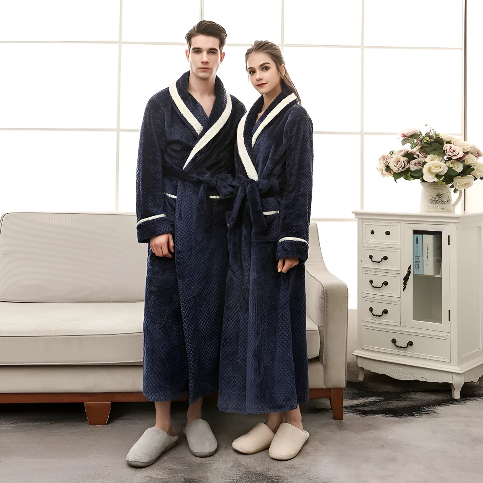Thick winter couple bathrobe solid colour long sleeve unisex home comfort robe in black