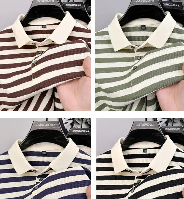 Men's black lapel jacquard stripes short-sleeve shirt on a hanger, showing asymmetrical design.