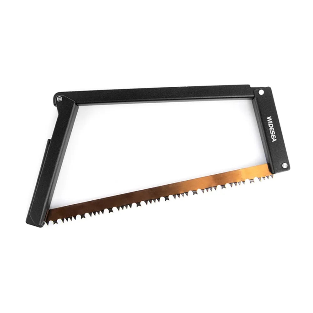 Black outdoor foldable saw with a PA66 nylon handle shown in both open and closed positions.