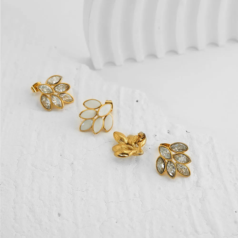 Titanium steel gold clip earrings with six-leaf dripping oil diamond design, 20.6mm by 19mm, sweet style party jewellery