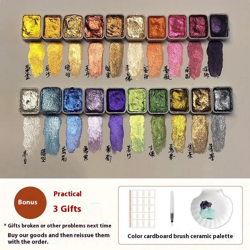 Traditional Chinese painting watercolour set showing 20 pots of mineral pearlescent paints including red and white gold metallics.