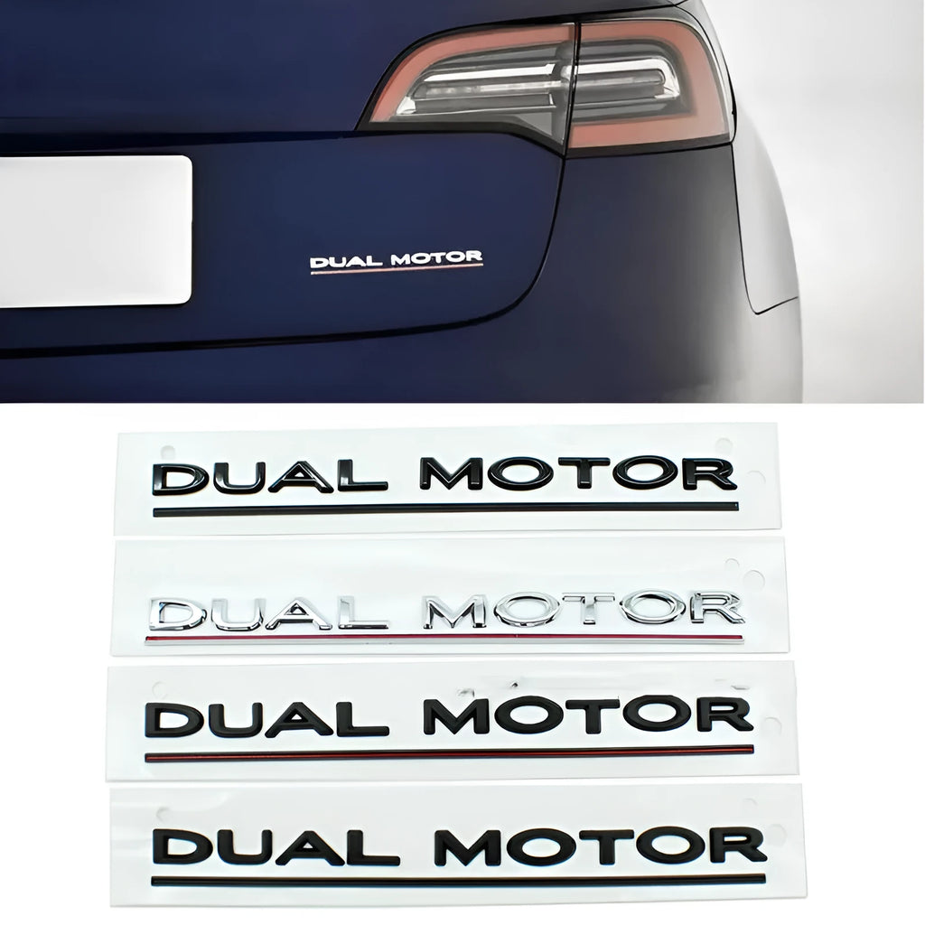 Tesla Model 3 double motor performance bumper sticker in ABS plastic, showing colour options.