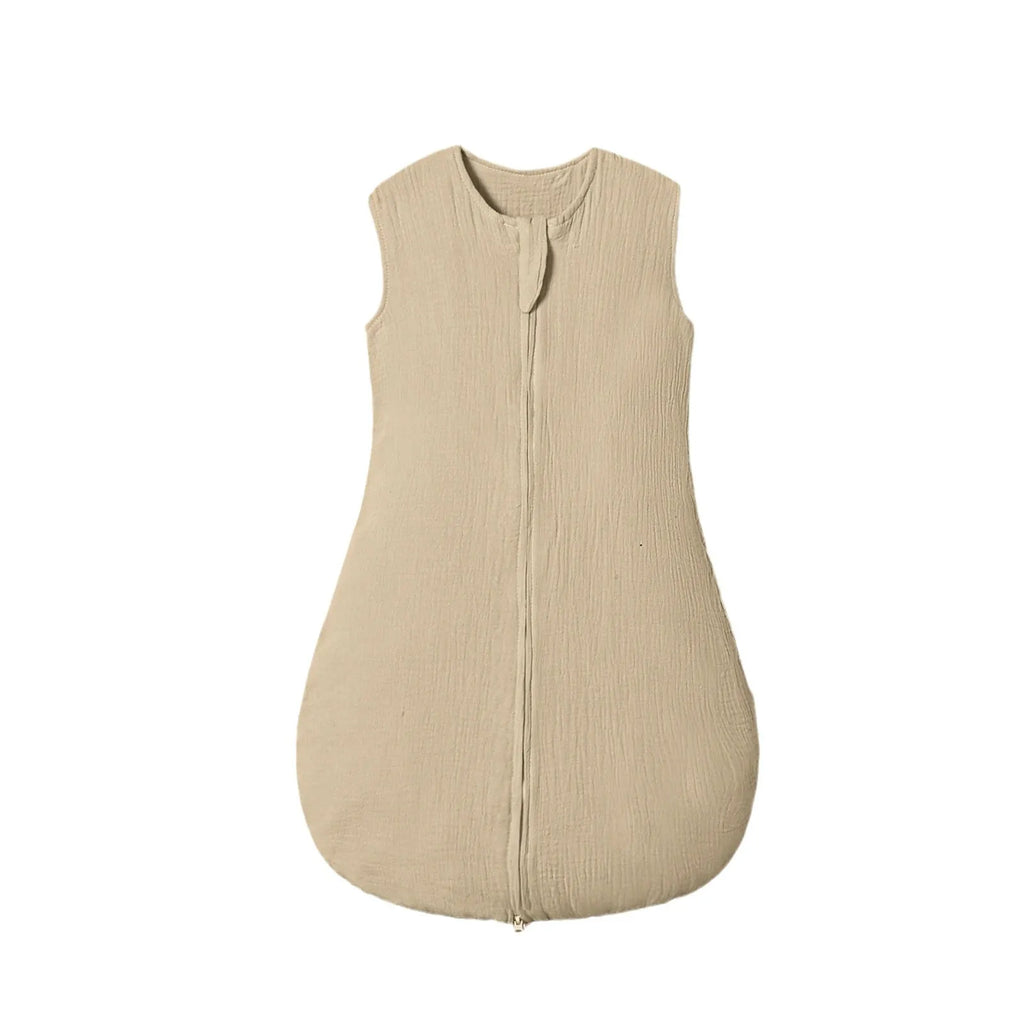 Baby sleeveless gauze sleeping bag in khaki with pure cotton lining, 70cm length for 0-18 months
