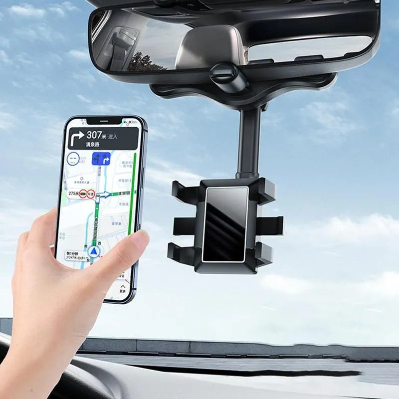 Black rearview mirror car phone holder showing 360° rotation and telescopic arm extended.