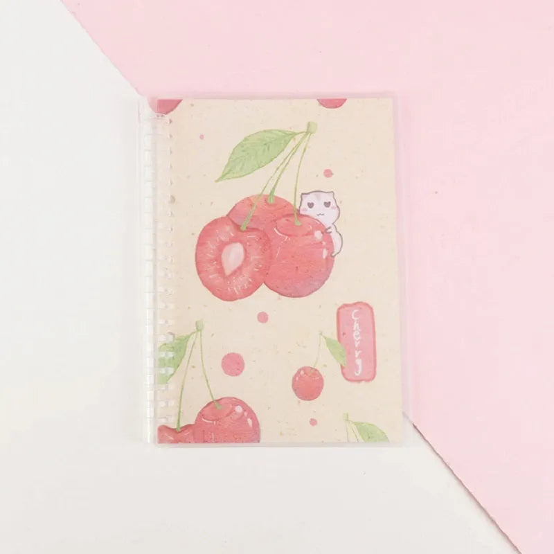 A5 and B5 animal design notebooks with hard covers in strawberry, orange, peach, cherry blossom, and whale patterns