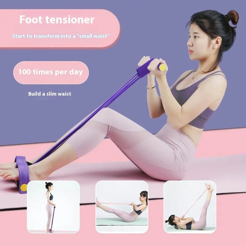 Yoga four-piece set with leg stretching device, yoga ring, pedal puller, and figure-eight tension rope on a grey background.