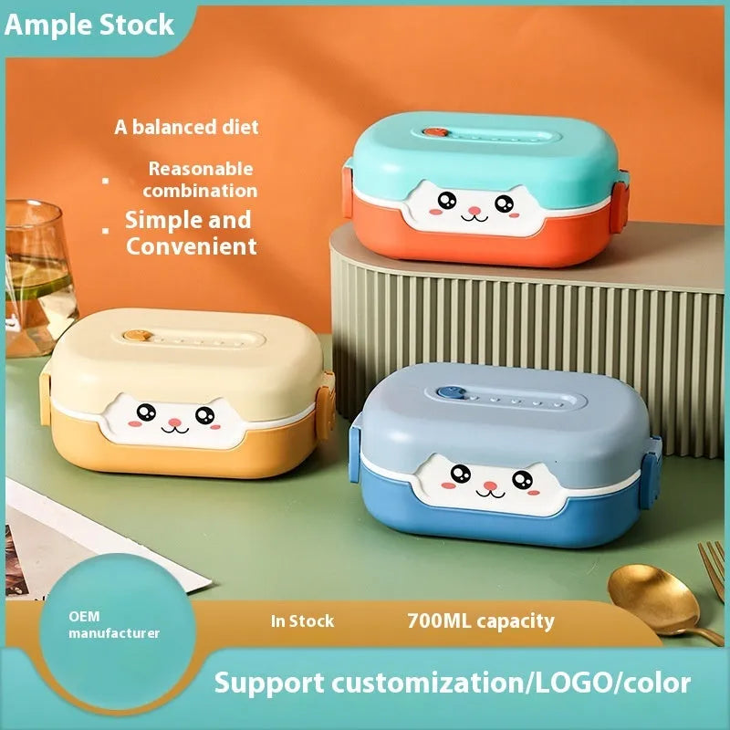 Square plastic divided lunch box with cartoon design in three colour options