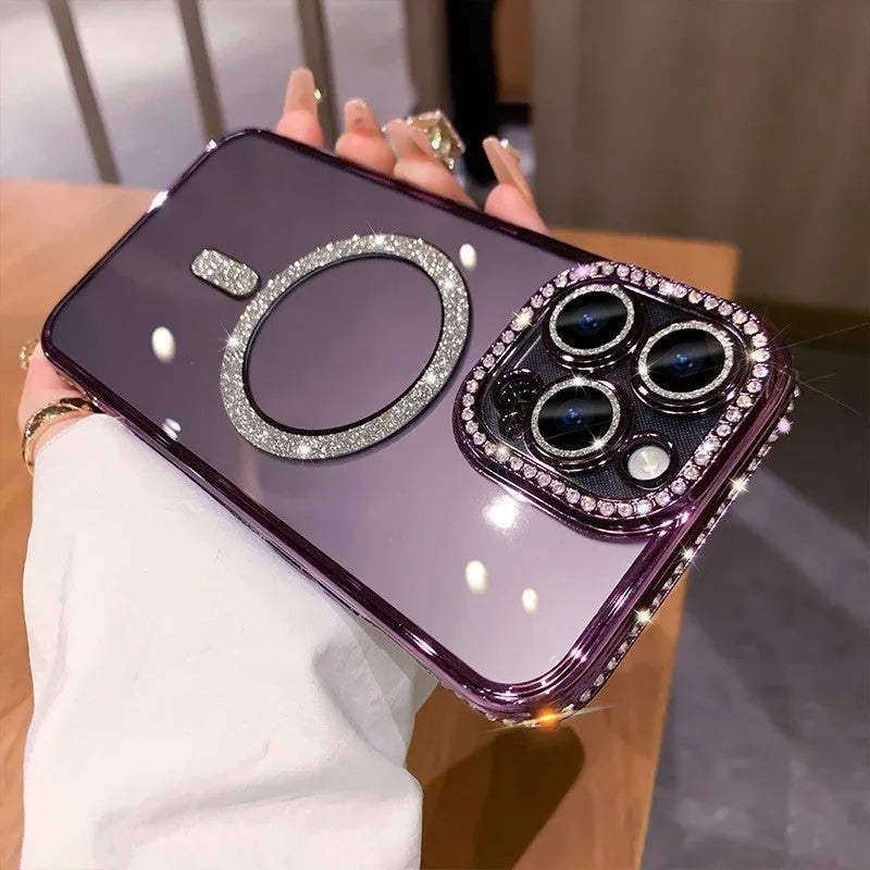 Wireless magnetic iPhone case in deep purple colour showing soft silicone back and electroplated detail.