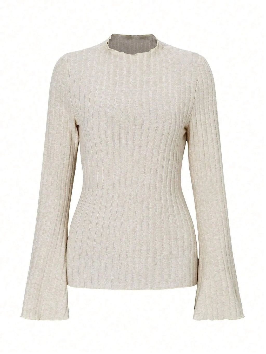 A person wearing a black long sleeve round neck top with a brushed sunken stripe texture and lantern sleeves.