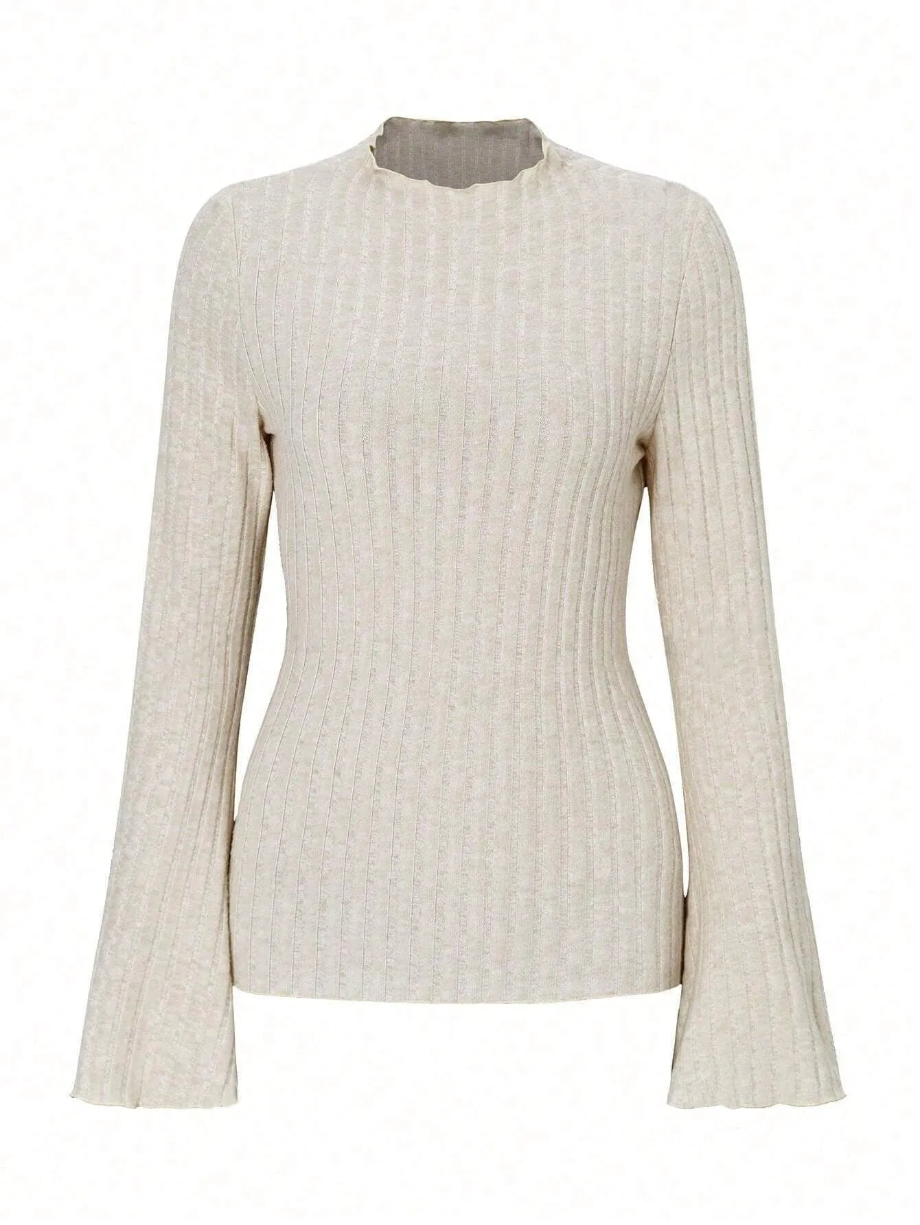 A person wearing a black long sleeve round neck top with a brushed sunken stripe texture and lantern sleeves.
