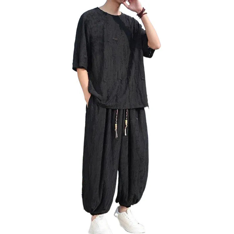 Men's loose fit thin short-sleeved suit set with cropped trousers in black or grey
