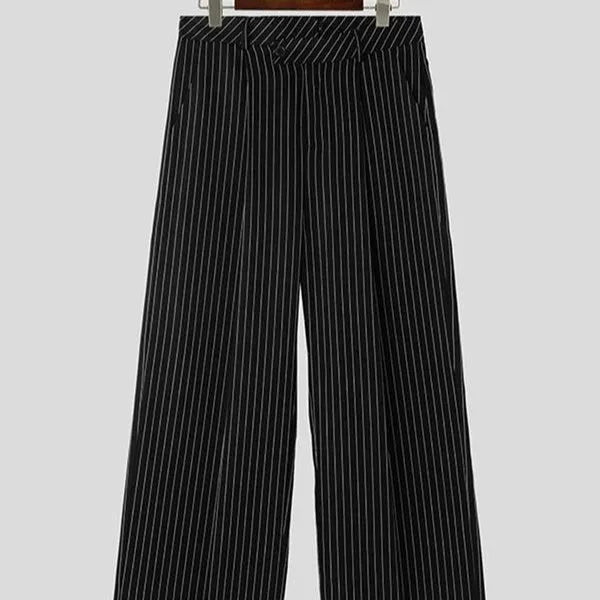 Men's black vertical striped pleated casual trousers showing elastic fabric and Asian sizing options