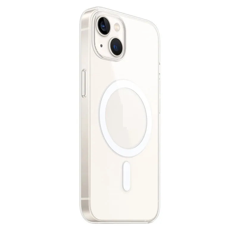 Transparent magnetic hard case for iPhone showing Magsafe ring alignment on clear polycarbonate back.