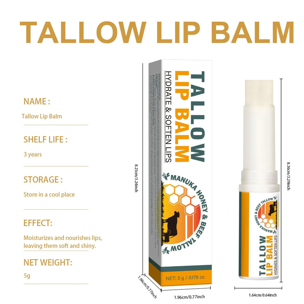 Pure tallow lip balm stick in a tube with dimensions 83mm by 19mm, containing 5g of product.