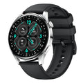 Black leather smartwatch with a 1.32-inch circular screen displaying a fitness stats interface.