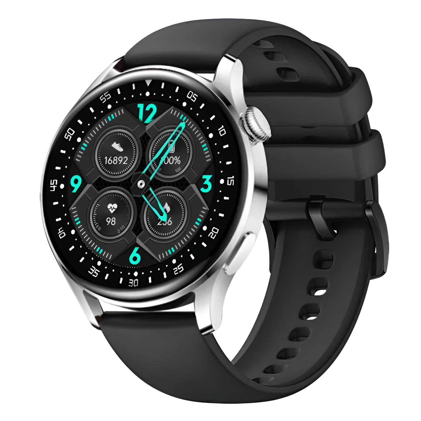 Black leather smartwatch with a 1.32-inch circular screen displaying a fitness stats interface.