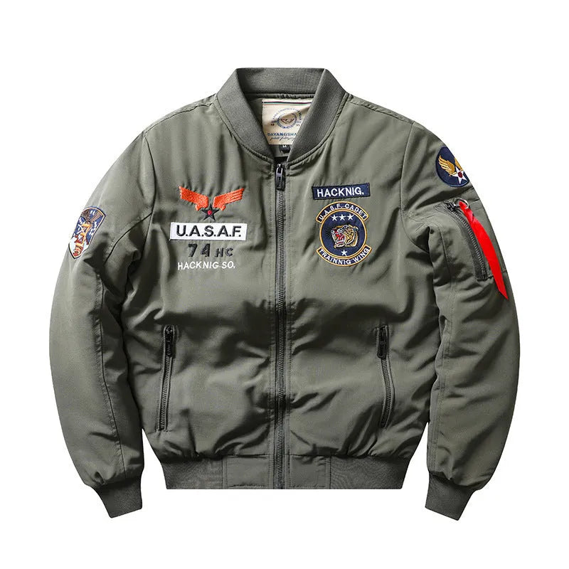 Men's slim-fit stand collar retro embroidered cotton-padded coat in blue.