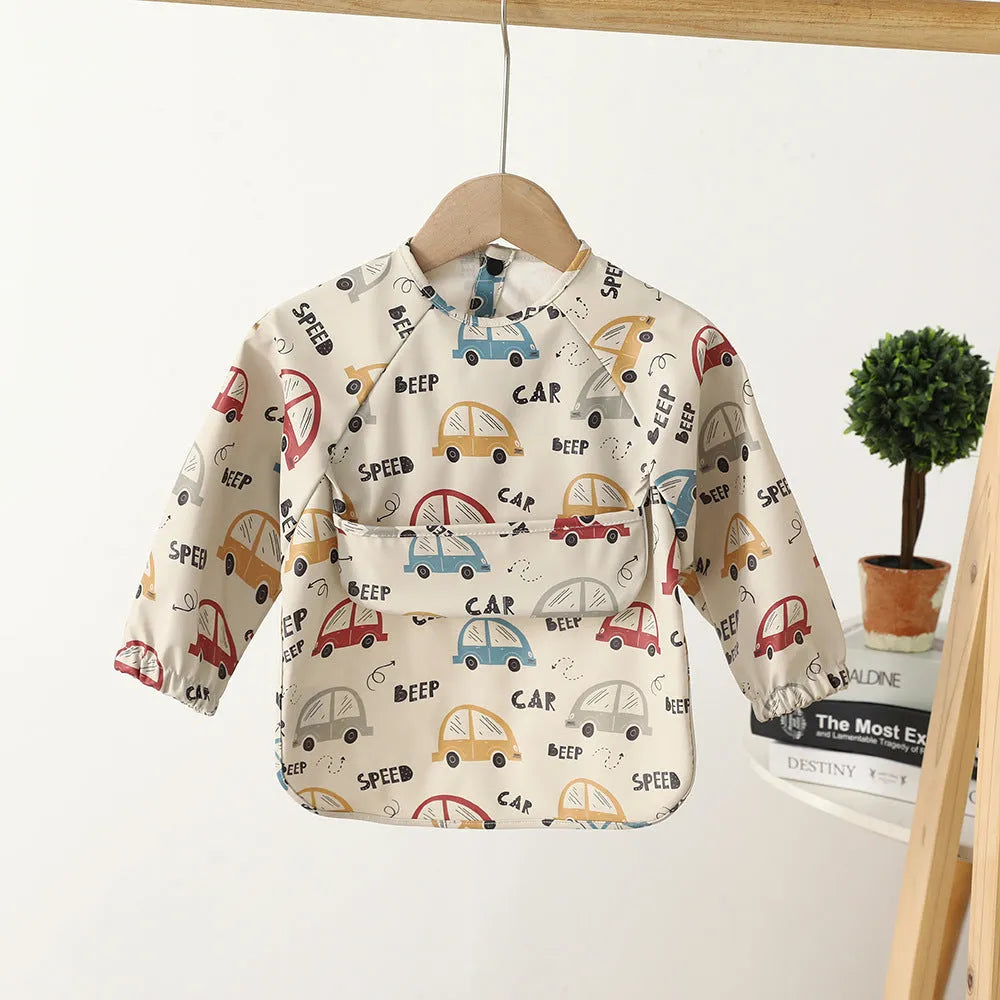 Children's long-sleeved PU upper pocket bib with cartoon pattern, pink dot colour, size S