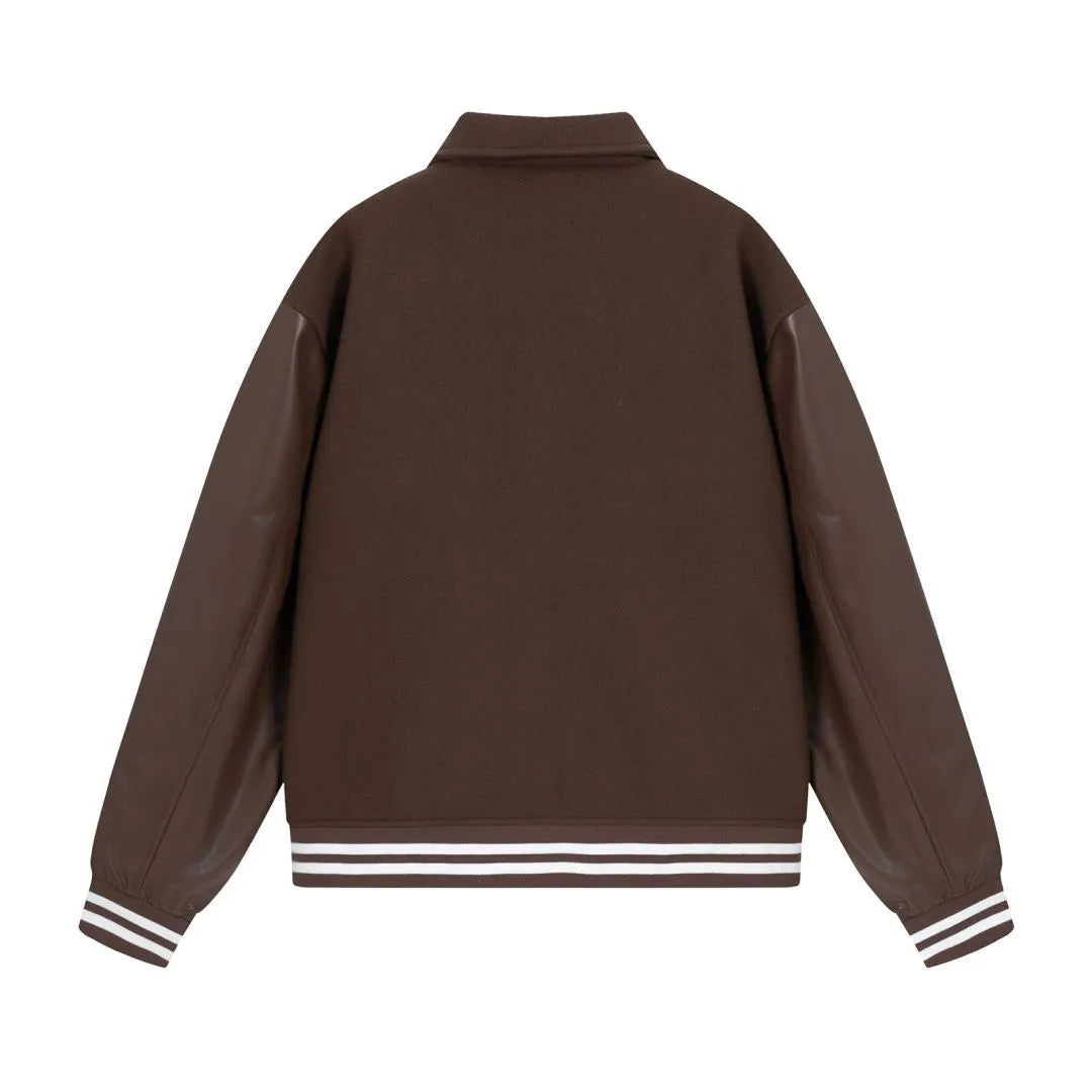 Women's apricot bomber jacket with bone embroidery on sleeves and ribbed cotton blend collar
