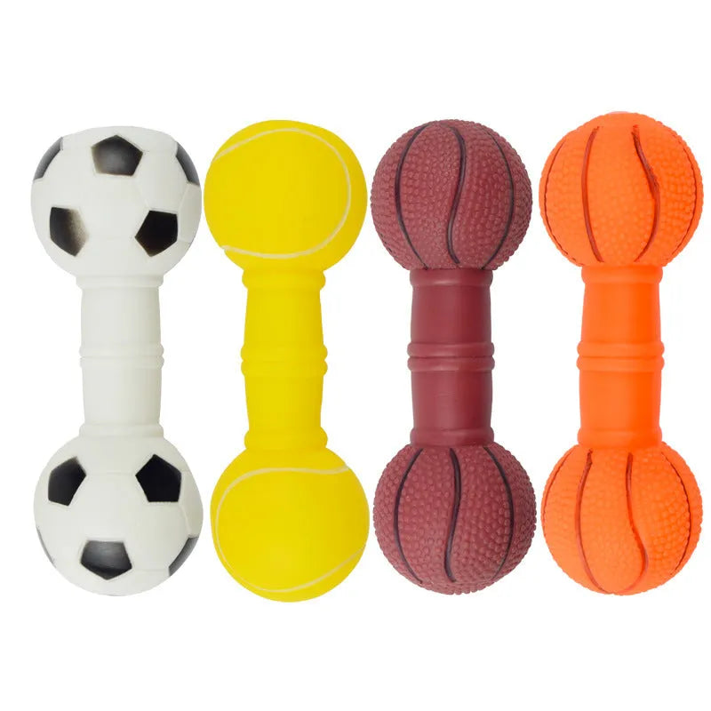 Football dumbbell shaped dog squeaky chew toy in multiple colours