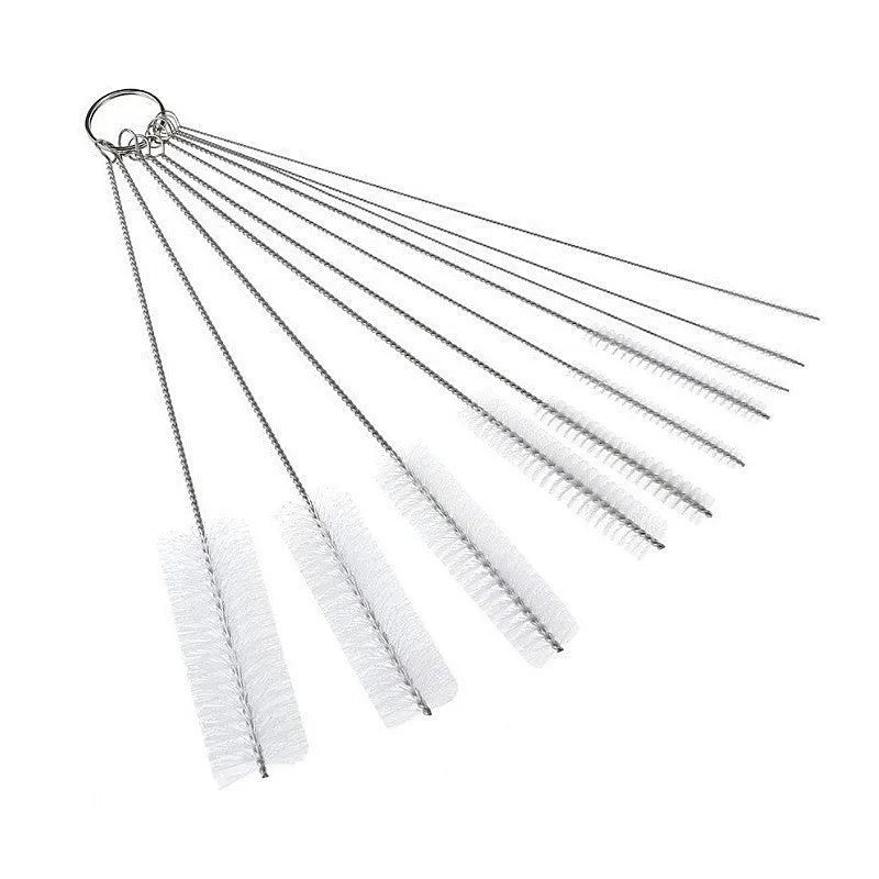 Stainless steel and nylon cleaning brush set showing multiple brushes in a white colour option.