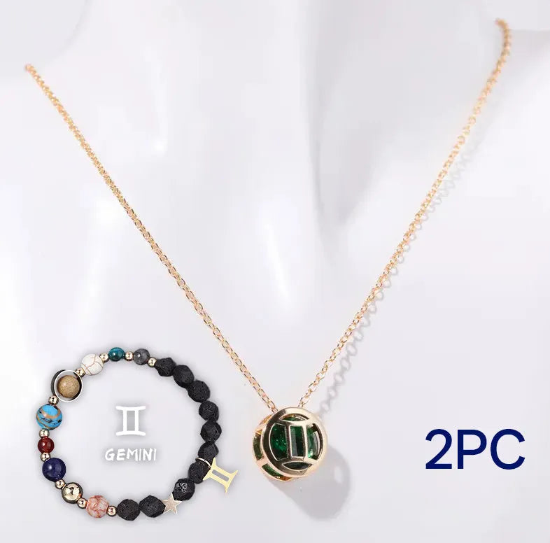 Natural stone beaded necklace and matching bracelet set laid flat, showing one of twelve available style variations.