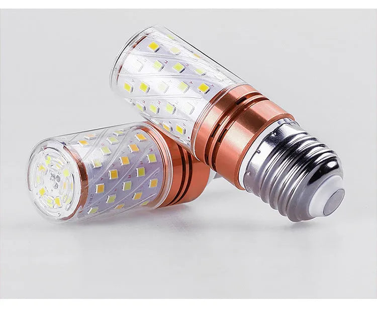 E14 screw base LED corn light bulb showing three colour temperature options: warm, neutral, and white light.