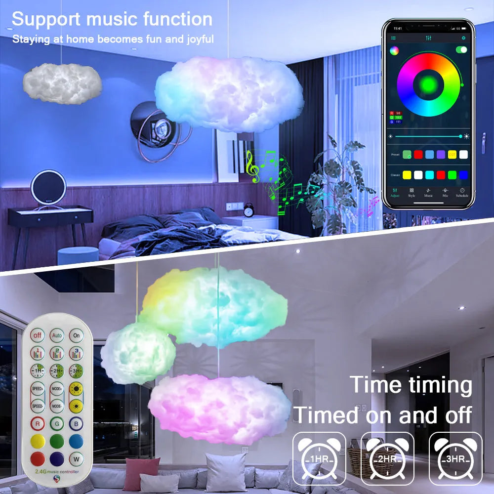 White fabric cloud pendant lamp with multi-colour RGBIC LED lighting and a USB cable.