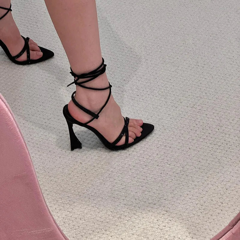 Black satin high heel sandals with cross-strap design and 6-8cm heel