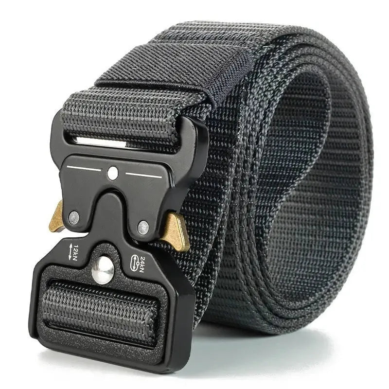 Men's thick canvas tactical belt with alloy release buckle in Army Green colour showing 120cm length.
