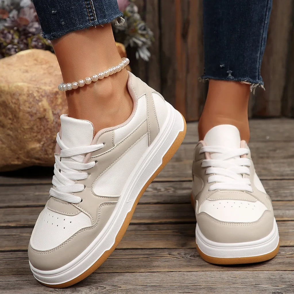 Women's khaki Korean-style thick-soled casual sneakers with PU patent leather upper and cross-strap design