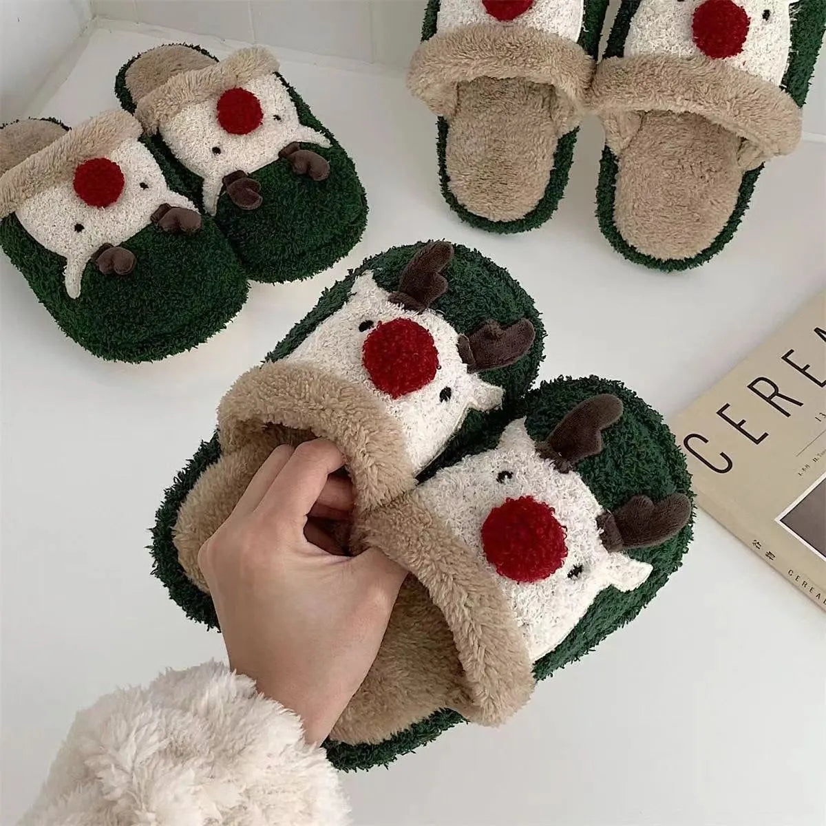Brown women's cotton slippers with a Christmas deer design and non-slip PVC sole.
