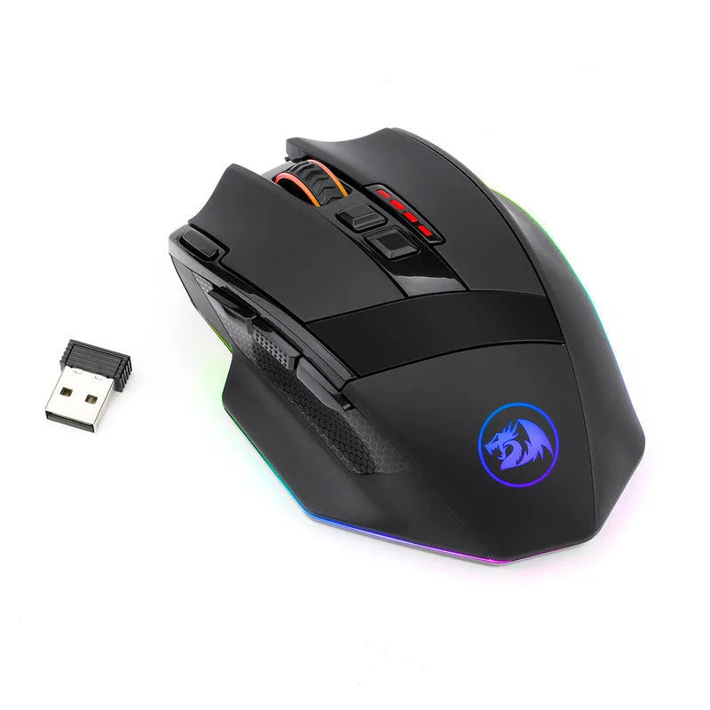 Black Redragon M801P dual-mode gaming mouse with multiple side buttons on a desk