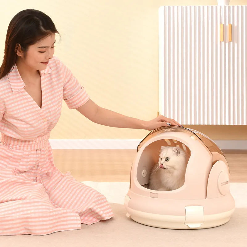 Hard PP portable cat carrier with urine separator in beige colour for travel