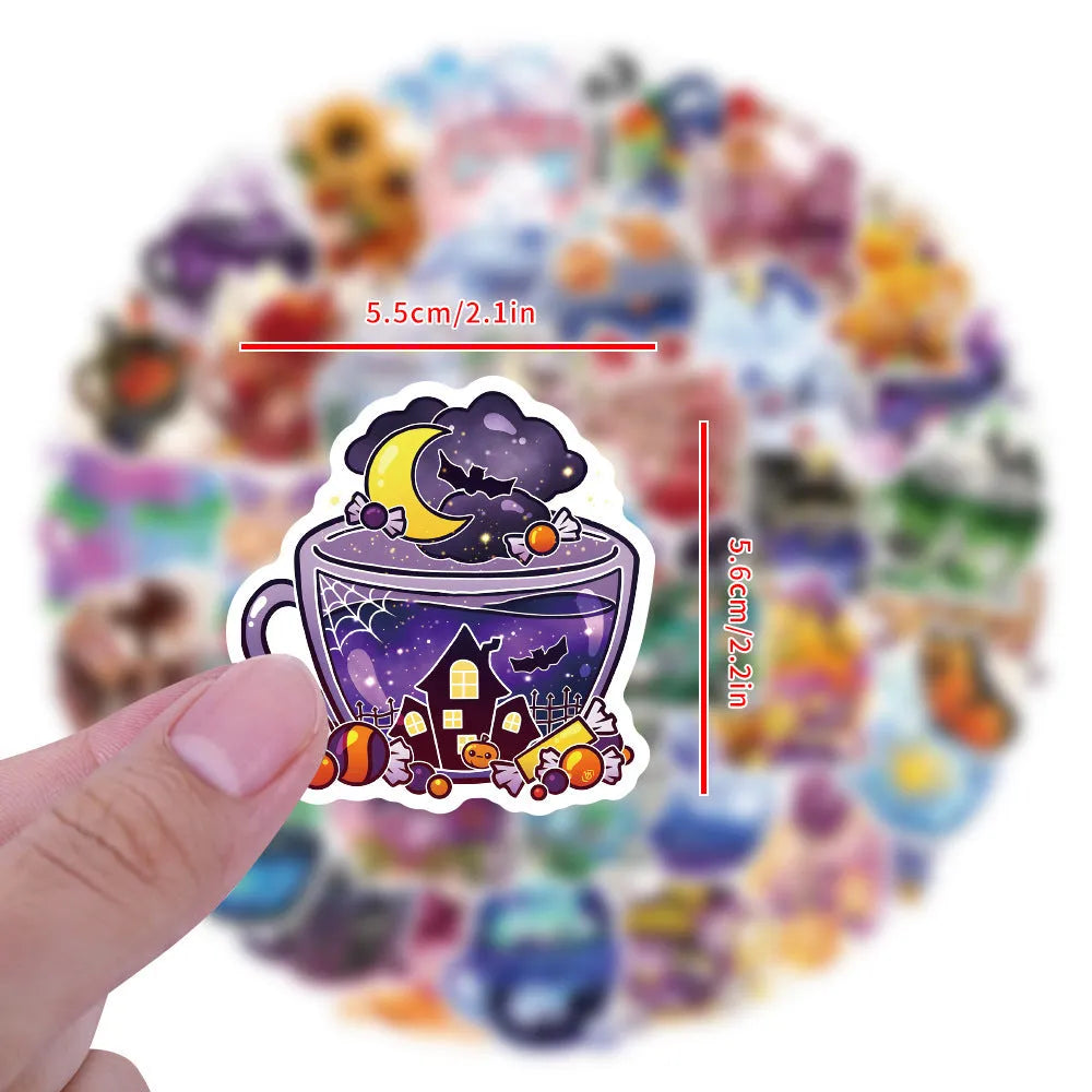 Colourful tea cup graffiti design waterproof stickers, 50-piece pack for luggage and scooter customisation.