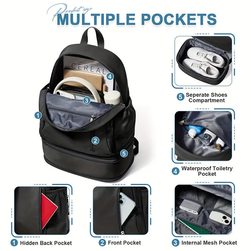 Women's casual travel backpack in solid colour with contrast stitching and adjustable curved shoulder straps