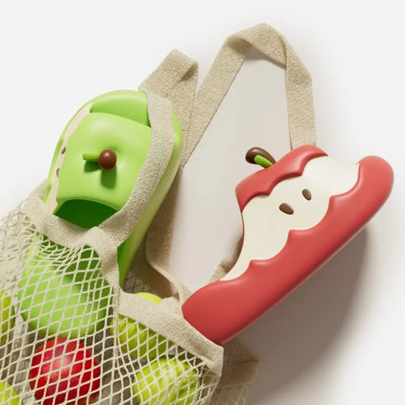 Cartoon-themed EVA flip flop sandals with fruit designs in light blue, suitable for couple and family wear.