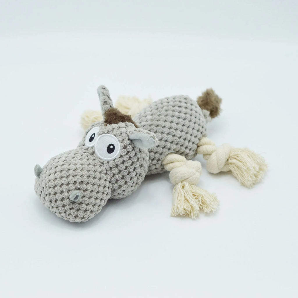 Grey donkey plush dog toy with creak sound mechanism, measuring 27×20×9.5 cm