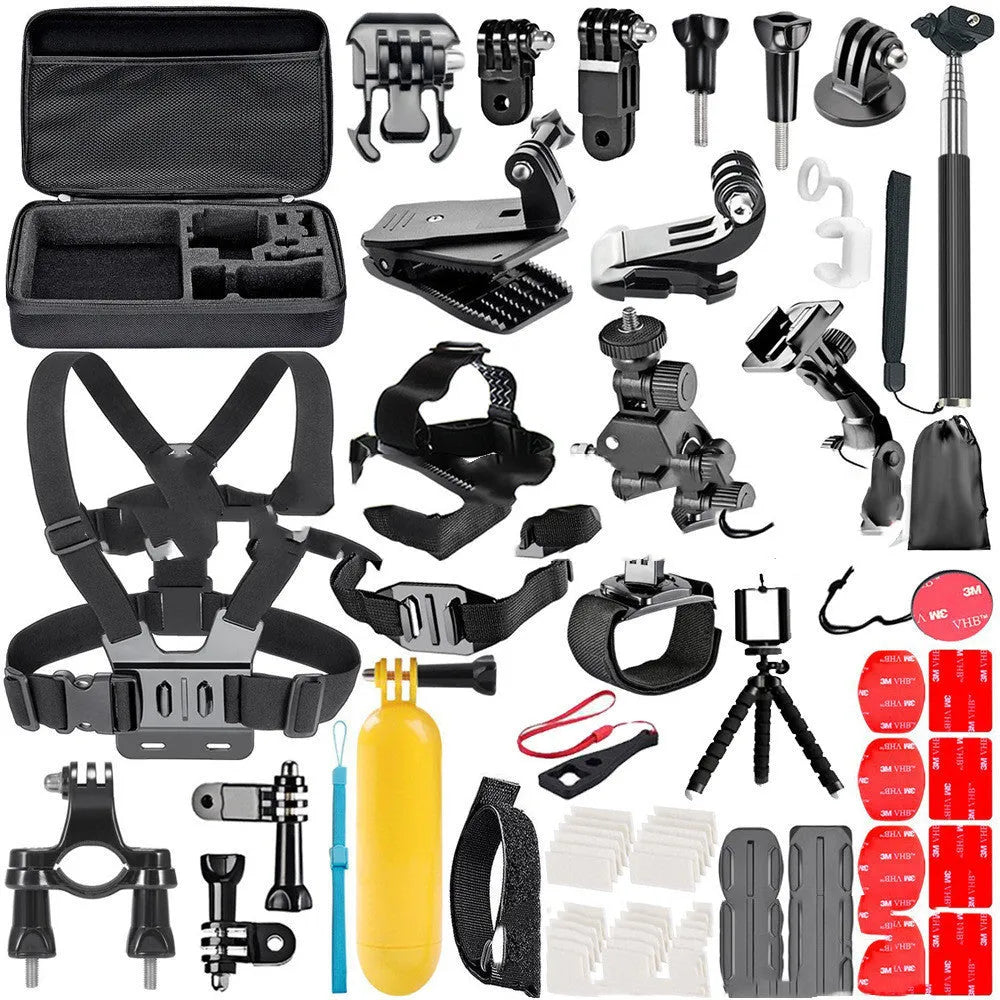 Black GoPro accessory set containing chest strap, helmet mount and tripod adapter for Hero cameras