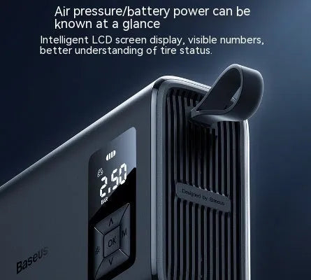 Black wireless car tyre inflator with compact design and LCD display