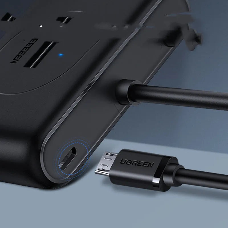 Black USB 3.0 extender adapter hub with plug, shown with length options for computer connectivity.