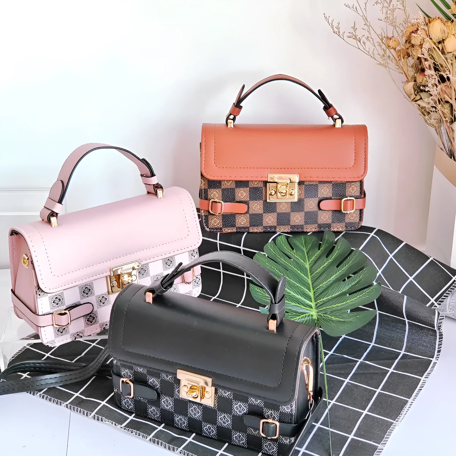 Small square retro crossbody bag with floral and rhombus pattern in a choice of colours.