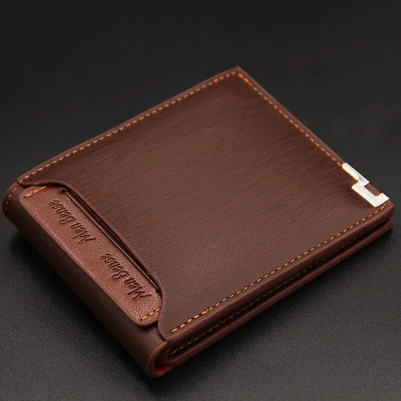 Men's short wallet with iron-edge card-picking in black, dark coffee or light coffee PU material