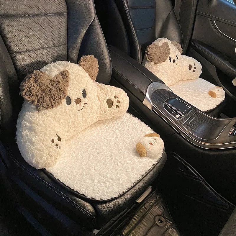 Car seat headrest and lumbar support pillow set in cartoon style with plush fabric