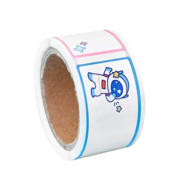 Roll of colourful cartoon name tape stickers showing dinosaur, astronaut, rabbit, and girl designs.