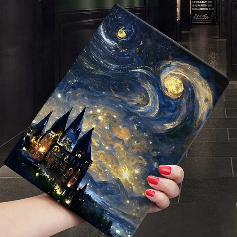Handmade liquid silicone flip protective case for iPad with a floral design on the cover.
